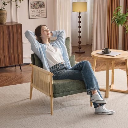 VINGLI Boho Braid Accent Armchairs Set of 2,Mid-Century Modern Chiars with Solid Wooden Armrest,Comfy Louge Cushion Chairs with Waist Pillow for Bedroom,Living Room,Reading Room, Dark Green