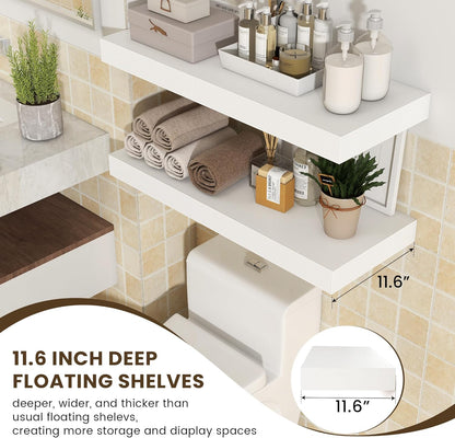 Deep Floating Shelves | 30 Inch Floating Shelves for Wall Set of 2 | 12 Inch Deep White Shelves for Living Room Bathroom Laundry Room Bedroom Kitchen Home Office - White