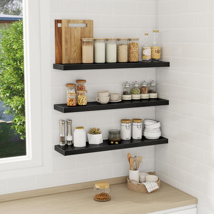 Fun Memories 32 Inch Floating Shelves Wall Shelf Set of 3, Black Bathroom Shelves 32 Inch, Farmhouse Home Decor Living Room, Kitchen Black Shelves for Wall, 32 x 6.7 x 1.4 Inch