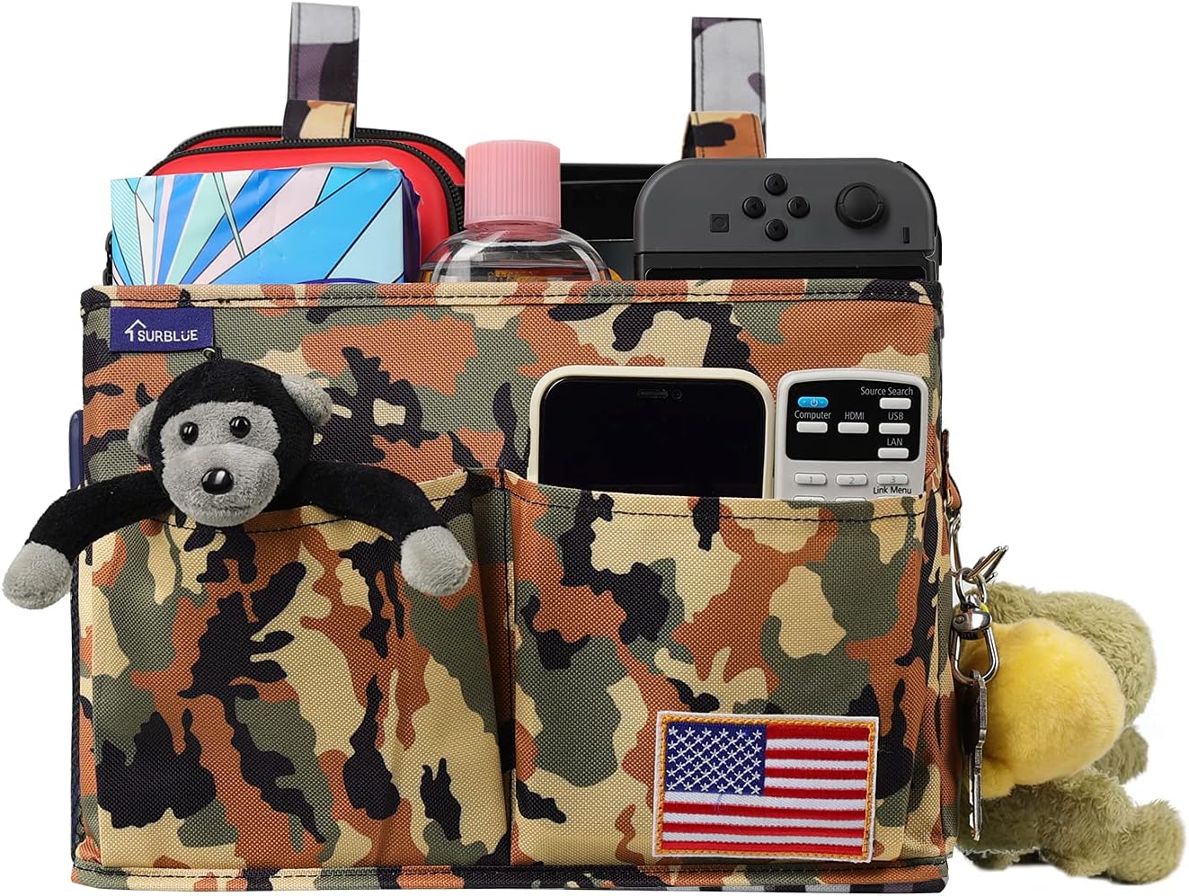 Surblue Bedside Caddy Hanging Organizer Storage Bag Pocket for Bunk, Hospital Beds, College Dorm Rooms, Baby Bed Rails, Wheelchair Side Bag, Camp Chairs, 4 Pockets and 2 Hooks (Small Desert)