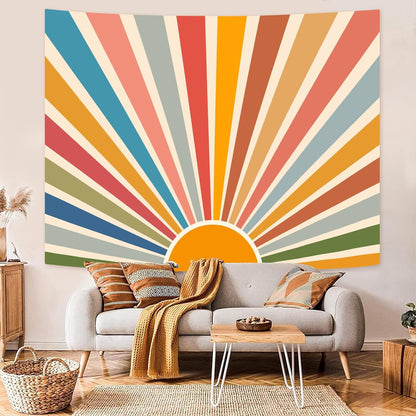 Kanuyee Boho Burning Sun Tapestry Wall Hanging, Retro 70s Abstract Vintage Geometric Rainbow Sunrise Tapestries for Bedroom Living Room Backdrop 44×60 inch