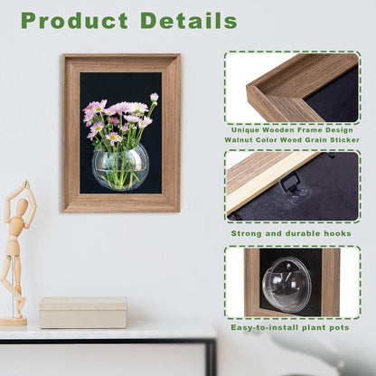 Walnut Wooden Frame Wall Hanging Planter for Hydroponic Plants，12'' x16''inch Wall Vase with Oblate-Shaped Acrylic Propagation Station，Bathroom, Office, or Living Room Decor, Set of 3
