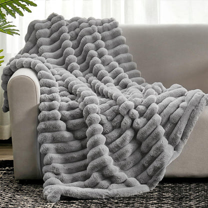Cozy Bliss Faux Fur Throw Blanket for Couch, Cozy Warm Plush Striped Blanket for Sofa Bedroom Living Room,50 * 60 Inches Grey