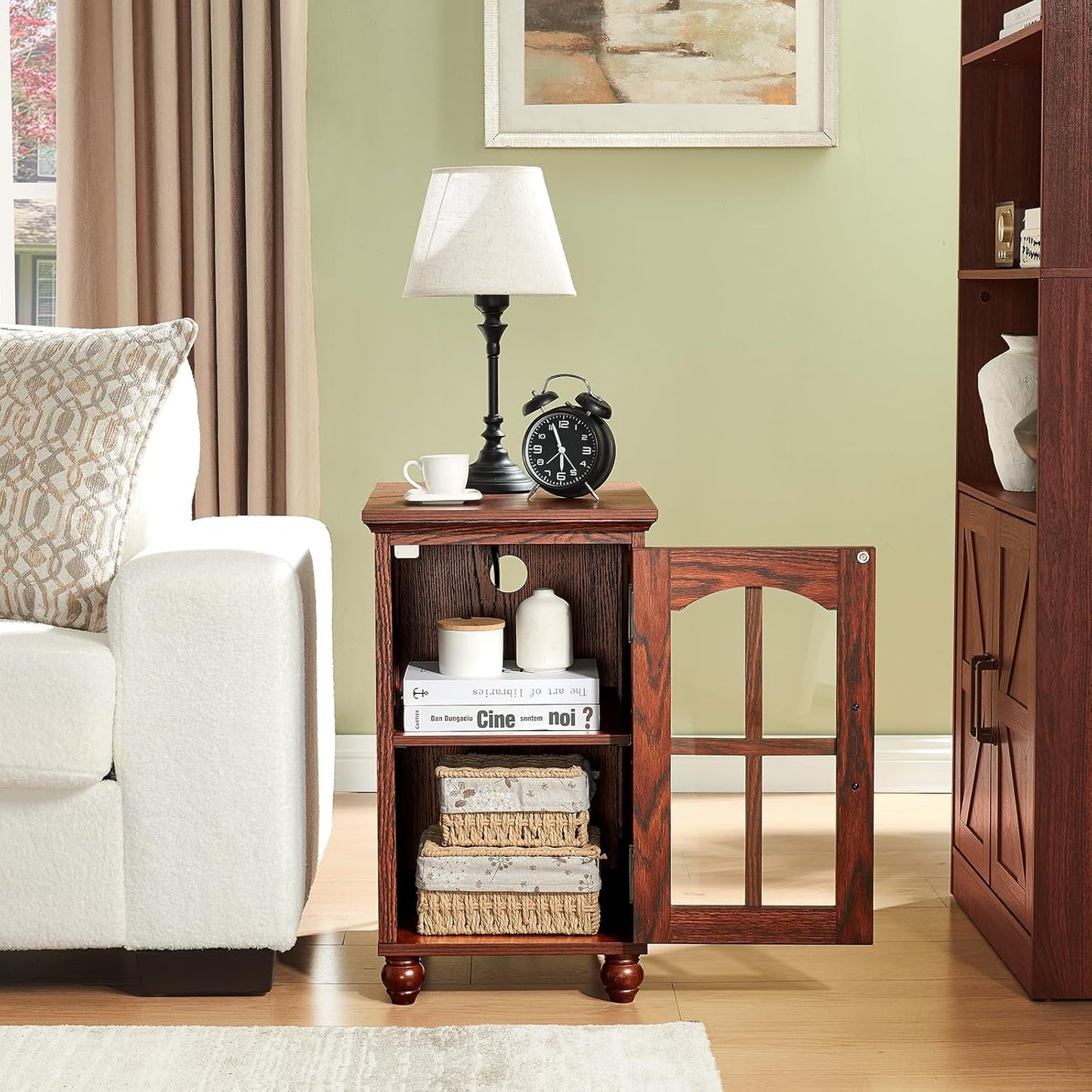 Narrow Side Table,Farmhouse Nightstand with Charging Station,Wood End Table with Glass Barn Door Storage, Cabinet Organizer with Adjustable Shelf, Night Stand for Small Spaces for Living Room Bedroom