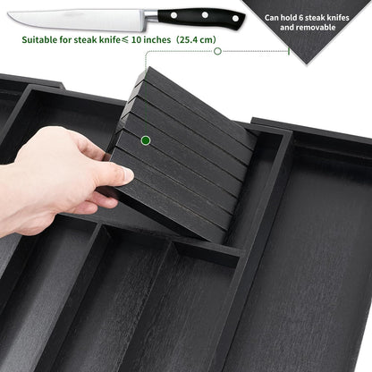 VaeFae Premium Bamboo Silverware Drawer Organizer Kitchen, Expandable Utensil Organizer with Knife Block, Cultery Tray with Divider for Flatware (Black)