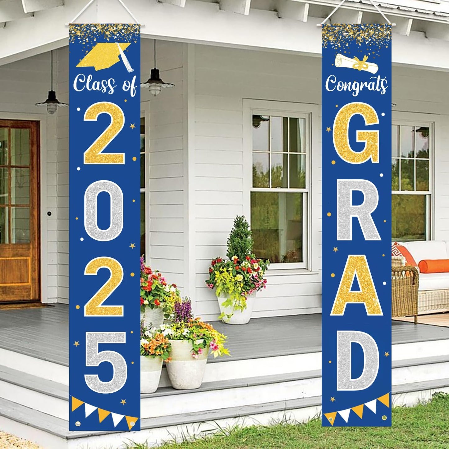 Graduation Decorations 2025 GRAD Banner Blue Porch Door Sign Welcome Banner For Indoor Outdoor Wall Graduation Decorations Class of 2025