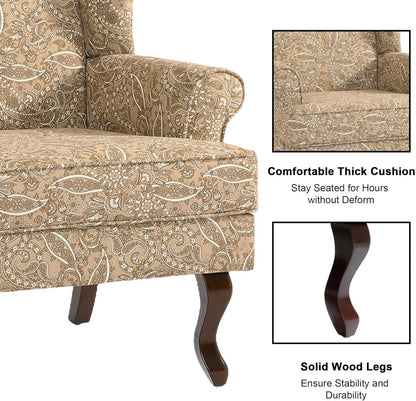 Accent Chair, High Back Upholstered Armchair with High Resilience Sponge & Wood Legs, Mid-Century Modern Comfy Single Sofa Reading Chairs for Living Room, Bedroom (Floral Light Brown, Set of 1)