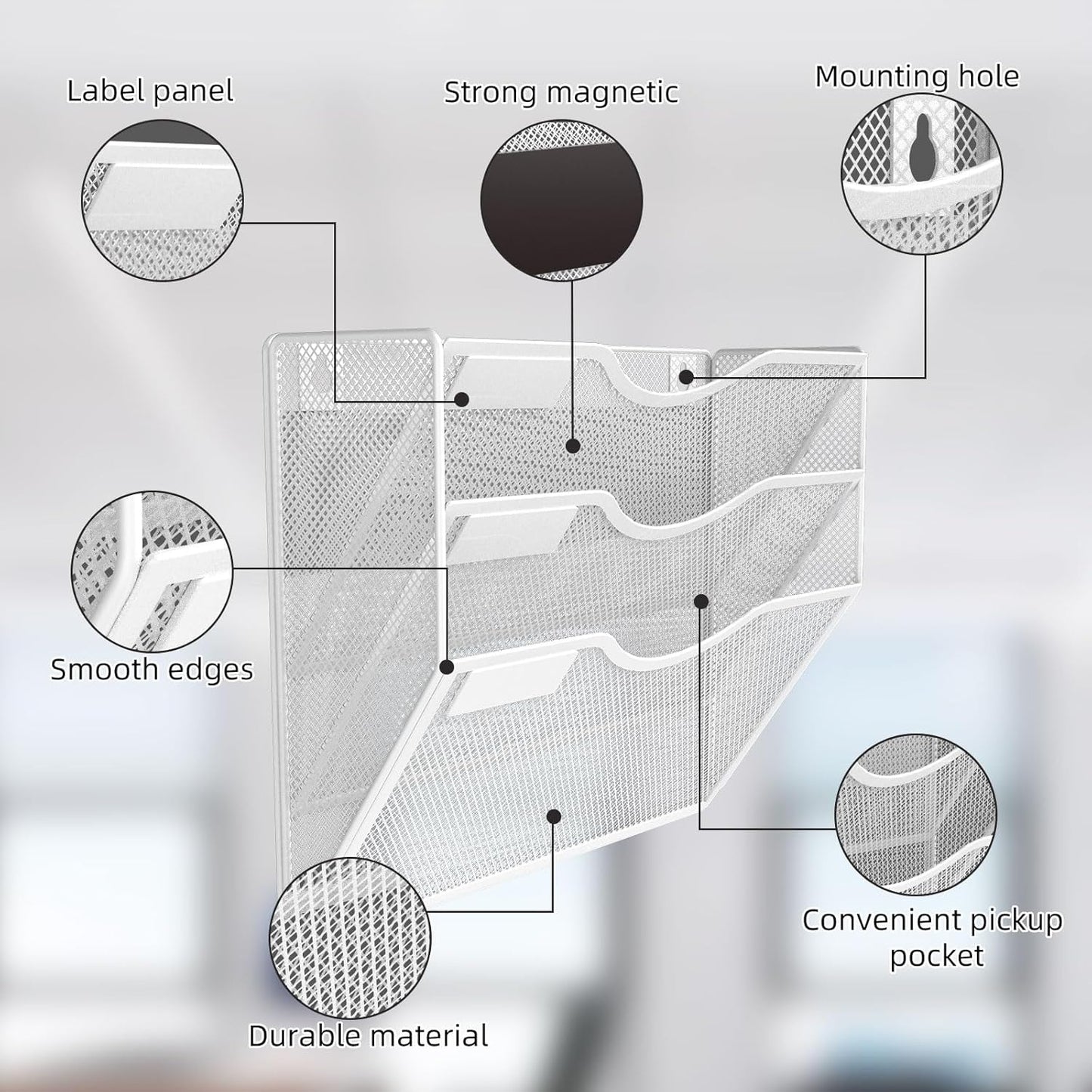 3-Tier Magnetic File Holder, No Drilling Installation File Cabinet Organizer, White Magnetic File Organizer, Magazine Rack, Magnetic Paper Holder for Refrigerator, File Cabinets,White