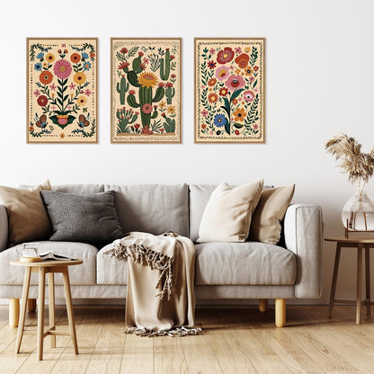 HLNIUC Vintage Flower Framed Canvas Wall Art,Colorful Desert Cactus Flower Wall Decor Set of 3(16”x24”)Boho Botanical Floral Butterfly Wall Painting,Large Desert Plant Art Print for Living Room,Office