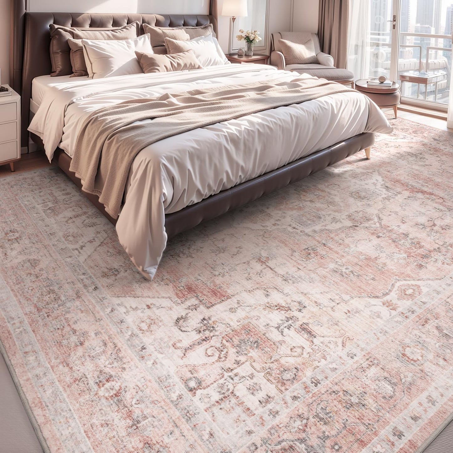 AMOAMI-Area Rug 9X12 Rugs for Living Room-Vintage Soft Pink Rugs for Bedroom-Non Slip Carpet-Washable Rug for Dining Room Living Room Bedroom Office Under Table