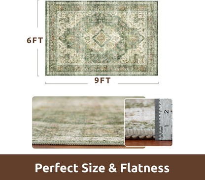 AMOAMI-Area Rug 6X9 Rugs for Living Room-Vintage Soft Green Rugs for Bedroom-Non Slip Carpet-Machine Washable Rug for Dining Room Living Room Bedroom Office Under Table