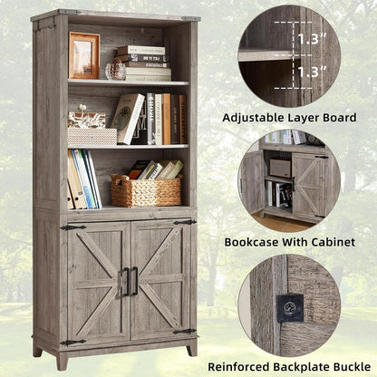 5 Tier Bookshelf 70in Tall Bookcase with Barn Doors and Storage Cabinet, Grey Farmhouse Book Shelf with Adjustable Shelves, Wood Freestanding Display Bookshelves for Bedroom, Kitchen (3PCS)