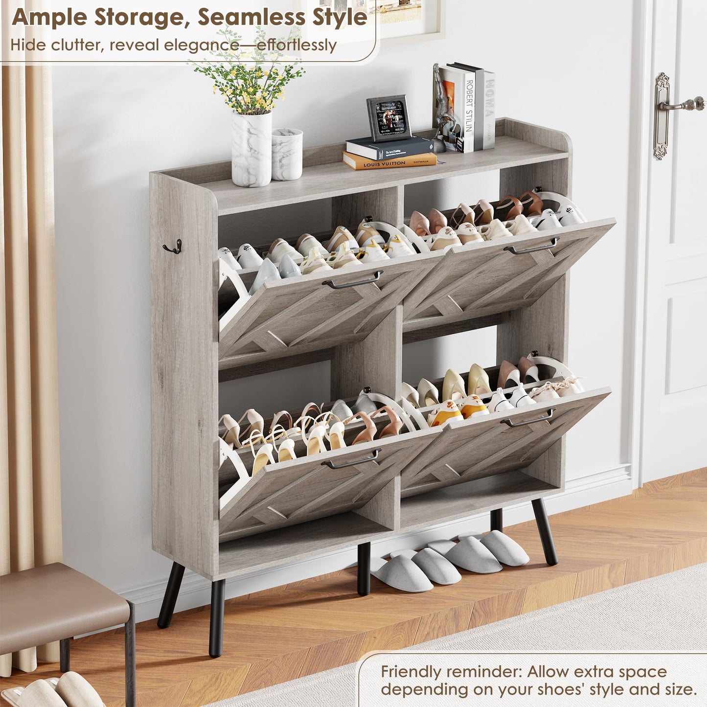 Nicetree Shoe Cabinet with 4 Flip Drawers, Freestanding Shoe Organizer Cabinet, Farmhouse Narrow