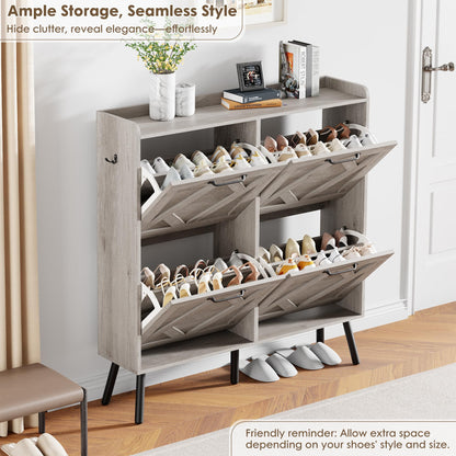 Nicetree Shoe Cabinet with 4 Flip Drawers, Freestanding Shoe Organizer Cabinet, Farmhouse Narrow