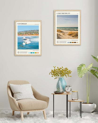 HesenDot Natural OAK Wood San Diego Surfing Framed Wall Art,12x16in Natural Seascape Canvas Wall Print,Classic Urban Landmark Wall Decor for Living Room,Bedroom,Office Gallery Gifts Set of 1