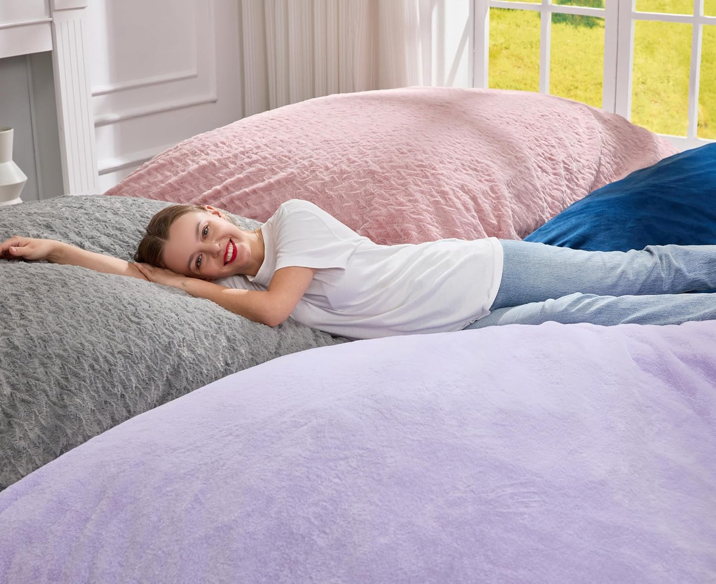 Hobestluk 3 in 1 Bean Bag Chair Giant Bean Bag Chairs for Adults with Velvet Cover Convertible Bean Bag Floor Cushion with Machine Washable Cover for Living Room (Velvet Pink)