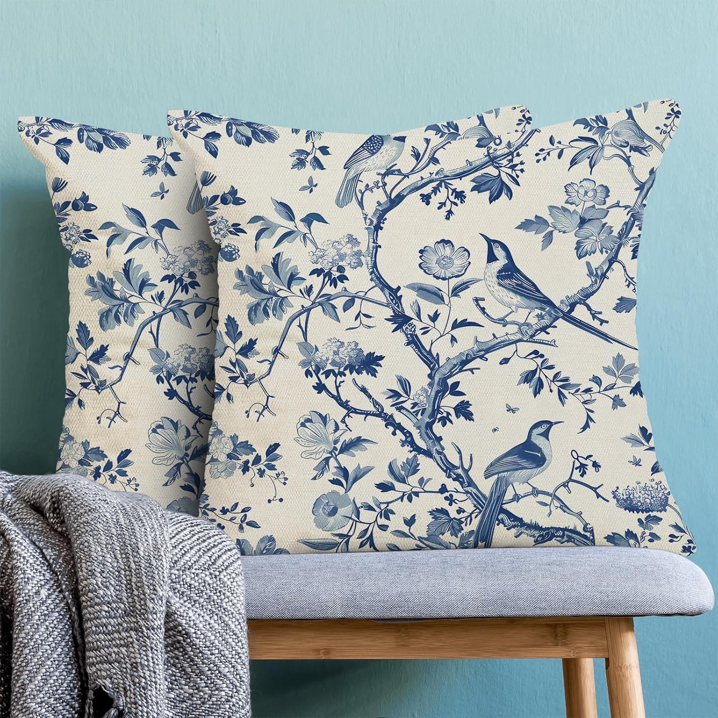 CXMEIFLY Spring Floral Pillow Covers 18 x 18 Inch Set of 2 for Navy Blue Chinoiserie Flowers Bird Decor Throw Pillows Vintage Plant Outdoor Decorative Cushion Cases for Couch Bed Decorations
