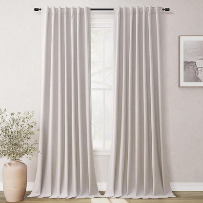 BOODII Full Blackout Curtains 90 Inches Long Room Darkening Curtain for Bedroom Sliding Door Thermal Insulated Black Out Curtains & Drapes Champagne Neutral Linen 2 Panels Set Back Tab 52x90