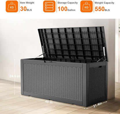 100 Gallon Resin Deck Box, Lockable Patio Outdoor Storage Box for Furniture, Garden Tools and Tools Storage, Waterproof Outside Storage Boxes - Black