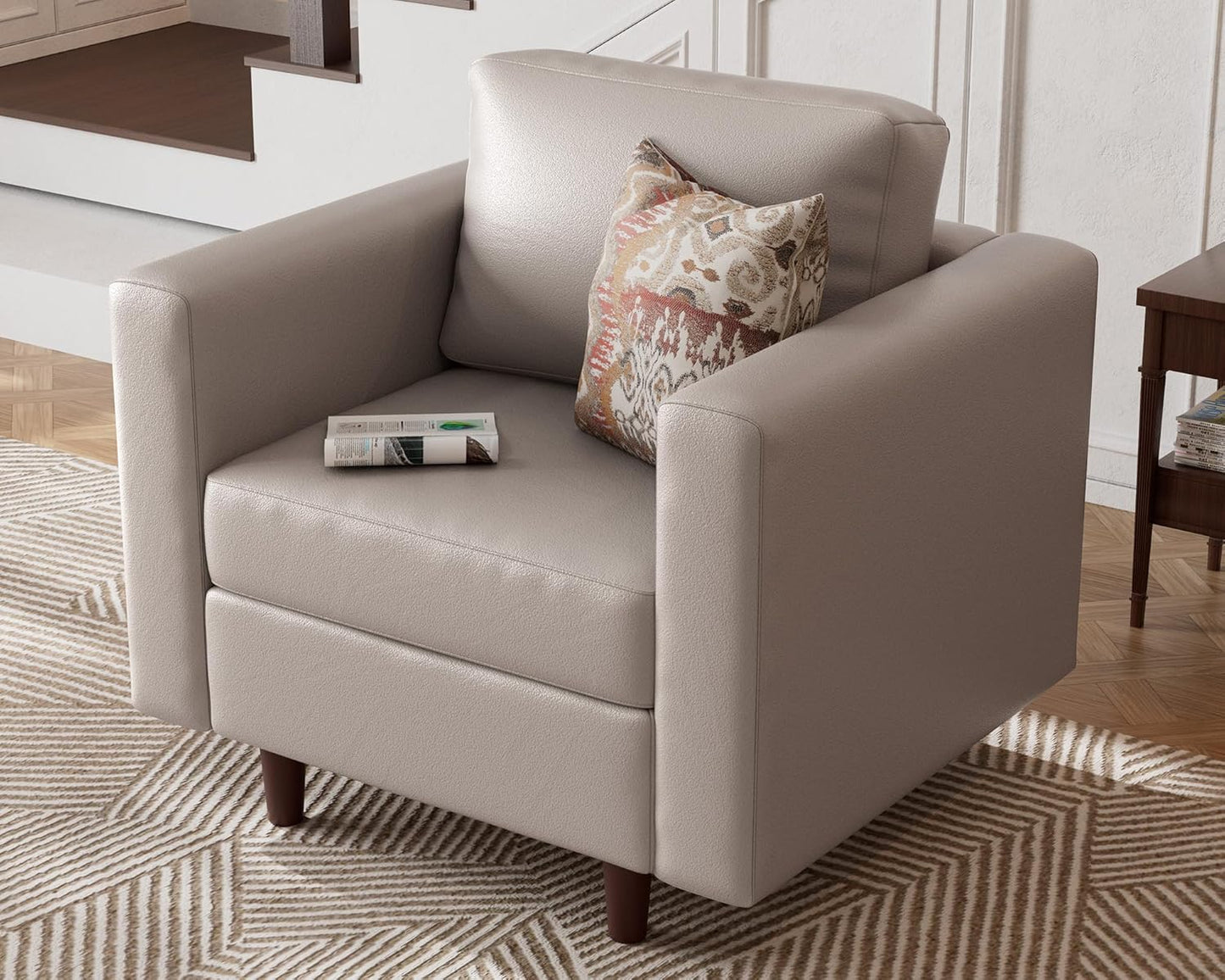 Faux Leather Oversized Accent Chair with Storage Deep Seat Single Sofa Large Reading Armchair for Living Room Bedroom Office Whitesand