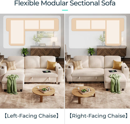 LINSY HOME Sectional Sleeper Sofa with Pull Out Couch Bed - Convertible Plush Corduroy Cloud Couch with Storage Chaise & USB Charging, Comfy L Shaped Modular Couches for Living Room Apartment, Beige