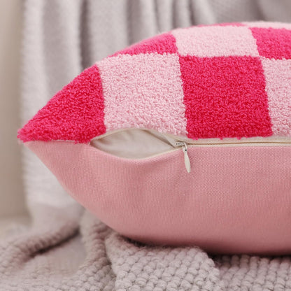 Alysheer Checkered Embroidered Decorative Throw Pillow Covers 18"x 18" Set of 2, Farmhouse Cottage Hot Pink Plaid Tufted Patterned Cotton Canvas Cushion Case for Sofa Couch Bed Living Room