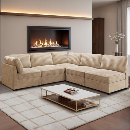 HOOOWOOO Modular Sectional Sofa,5 Pieces Sectional Couches for Living Room,98X98 L Shaped Cloud Couch Set(Beige Velvet Corduroy)