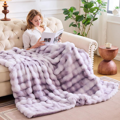 Lotus Karen Faux Fur Throw Blanket Tie-Dye Purple - Big Bubble Rabbit Fluff Blanket for Couch, Large Fluffy Fuzzy Cozy Blanket,Thick Furry Plush Shaggy Blankets,90x90 Inches
