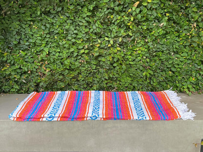 Del Mex Classic Mexican Blanket, Large Authentic Woven Falsa Throw (70"x50"), Artisan Southwest Décor for Beach, Yoga, Outdoors (Orange/Pink/Blue)