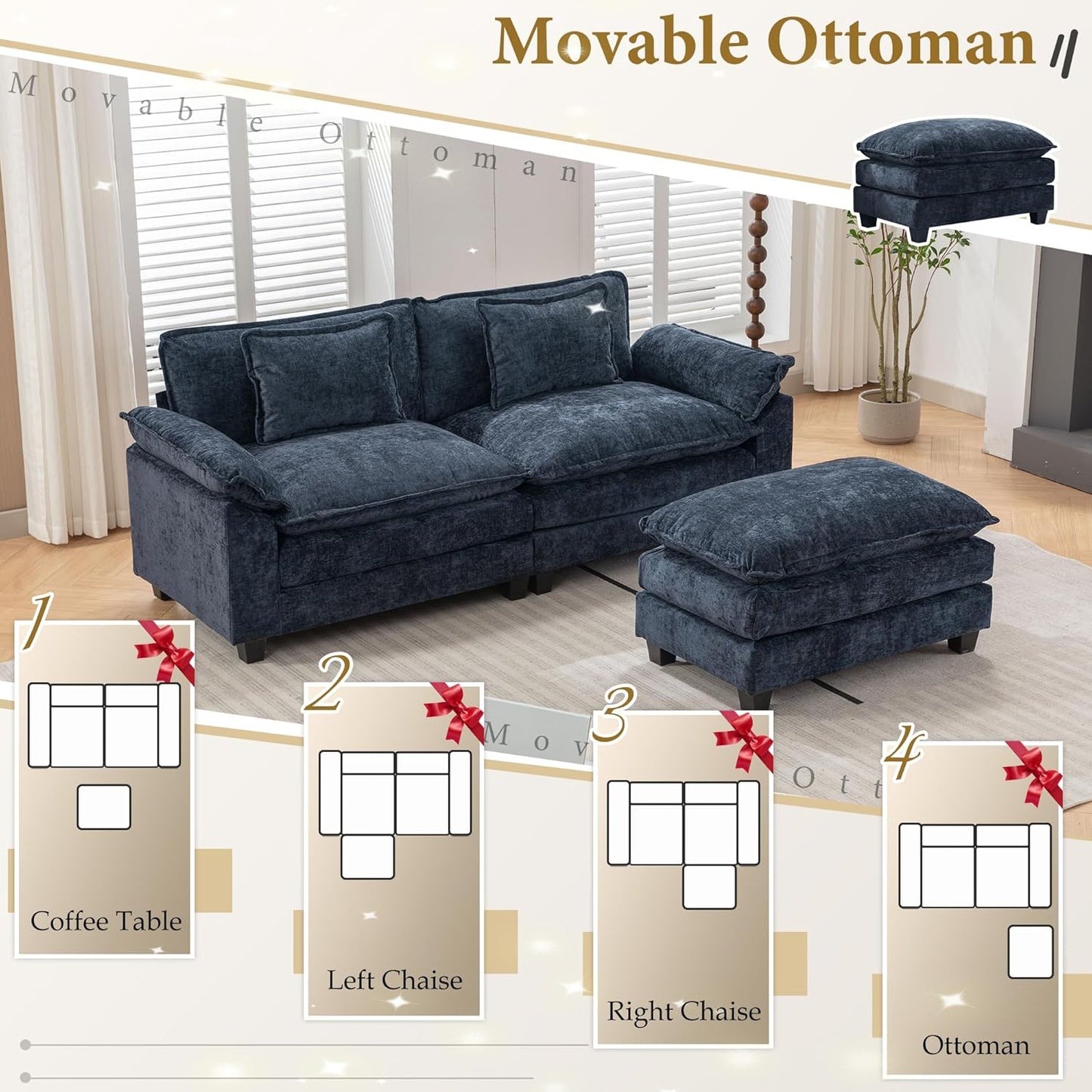 URRED Modular Sectional Sofa Comfy Cloud Couch, Modern Chenille Sofa Sleeper Deep Seat Couches with Ottoman/Pillows for Living Room (Blue, 82.6''- L Shape)