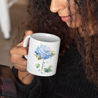 Custom Hydrangea Blossom Design Mug, Personalized Name Blue Flower Coffee Cup, Customized Flower Ceramic Mug For Floral Lover, Hydrangea Decorative Cup 11oz Or 15oz, Gift For Birthday