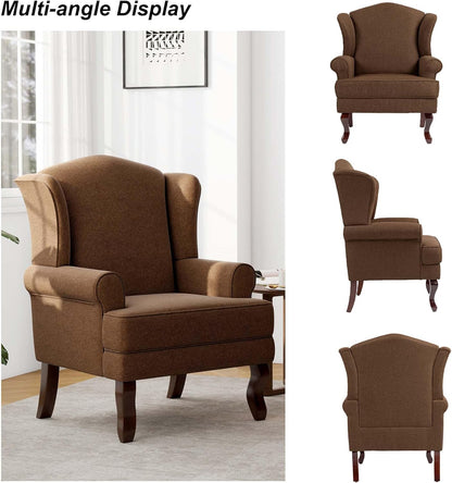 Accent Chair, High Back Upholstered Armchair with High Resilience Sponge & Wood Legs, Mid-Century Modern Comfy Single Sofa Reading Chairs for Living Room, Bedroom (Brown, Set of 1)