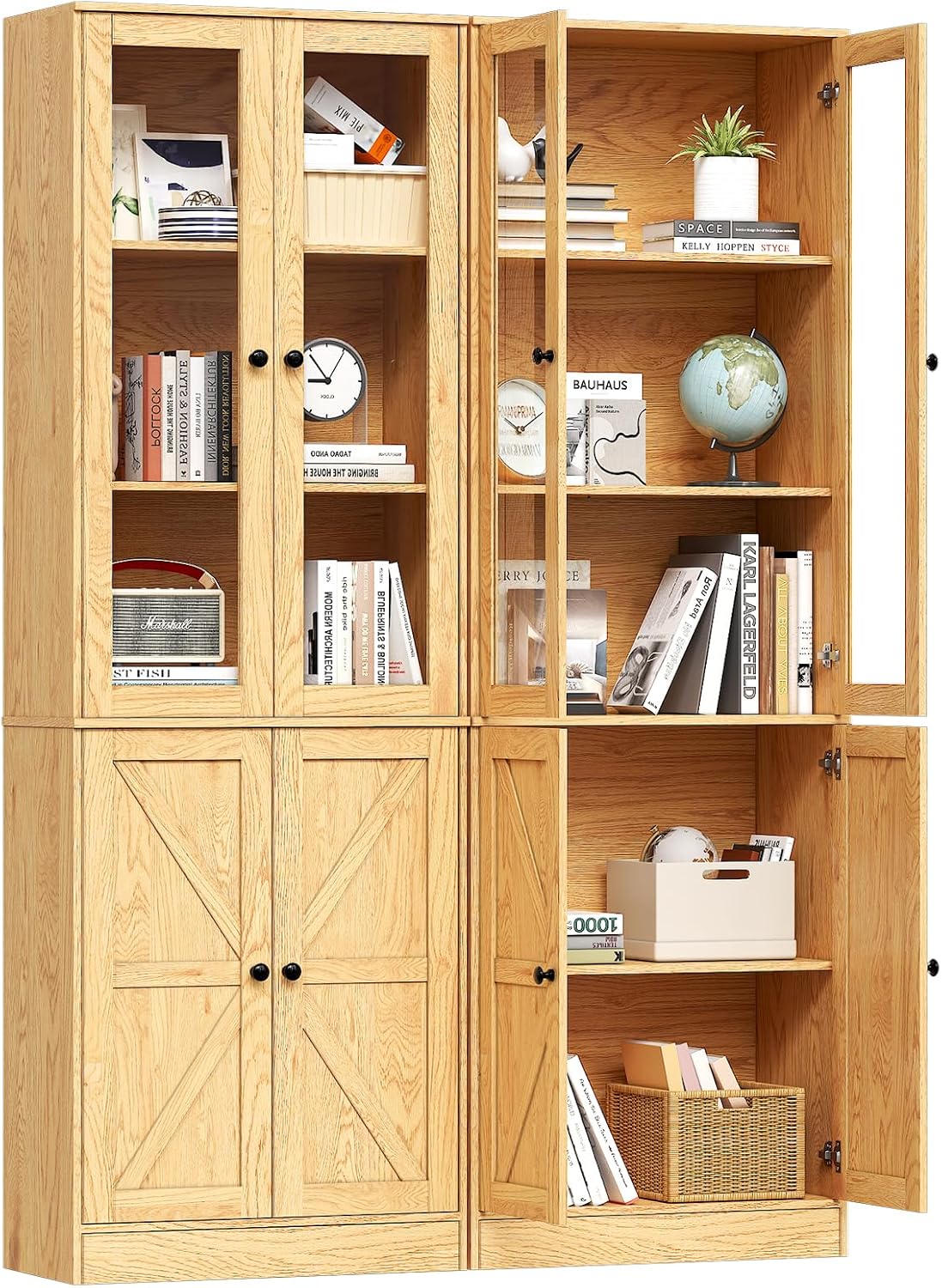 71" Tall Bookcases Set of 2, Bookshelves with Doors, 5-Shelf Bookcase with Storage, Wooden Bookshelf Floor Standing Display Storage Shelves Home Decor Furniture for Living Room,Bedroom,Natural