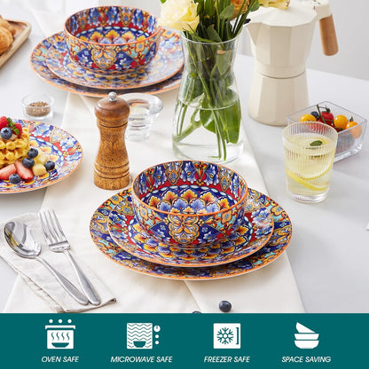 vancasso 12 Pieces Dinnerware Sets, Orange Plates and Bowls Set, Porcelain Dishes Set for 4, Microwave and Dishwasher Safe, Scratch Resistant, Bohemian Style Dining Ware Service for 4, Series SIMI