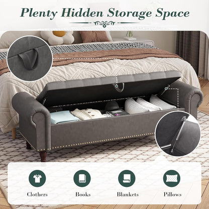 Apicizon 60”Bench with Storage, Upholstered Tufted Button Window Bench with Plenty Hidden Storage Space,Faux Leather Ottoman Bench for Bedroom, Living Room, Entryway，Gray