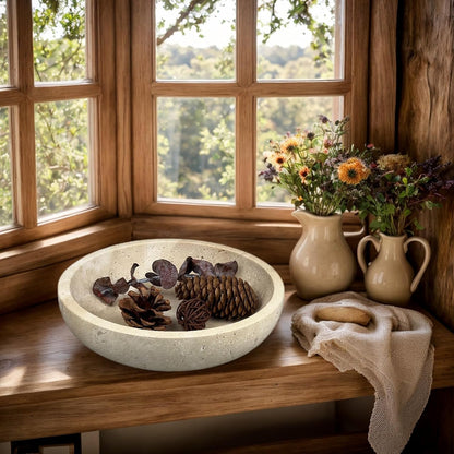 Travertine Decorative Bowls for Home Decor, Marble Fruit Bowl for Kitchen Counter, Keys Bowl for Entryway Table, Large Candy Serving Bowl for Table Centerpiece Office Modern Home Decor (Beige)