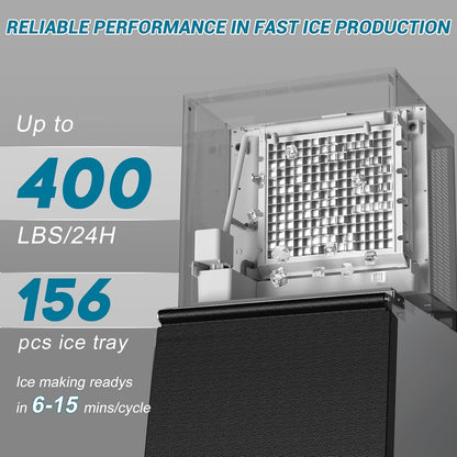 Large Commercial Ice Maker Machine: 500lbs/24H Production, with 350lbs Ice Storage Bucket, 156 Ice Cubes in 6-15 Mins - Stainless Steel Industrial Ice Maker for Restaurant, Bar, Cafe, Commercial Use