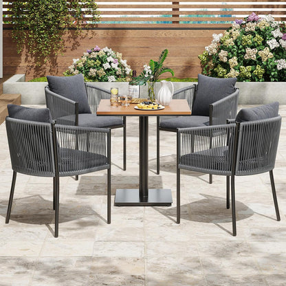 Soohow 5 Pieces Outdoor Dining Set for 4, Patio Table and Chairs Set 4 X Rattan Wicker Patio Chair with Cushions and 1 X Outdoor Table Plastic Wooden Top for Lawn, Deck Backyard, Poolside