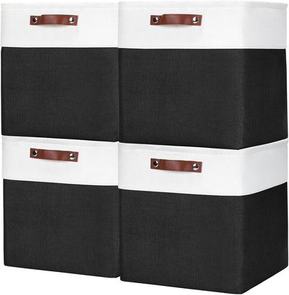 13x13 Cube Storage Bins, Collapsible Fabric Storage Box, 4 Pack Closet Baskets with Handles for Organizing, Shelf, Toys, Clothes, Home, Office, Nursery (Black&White)