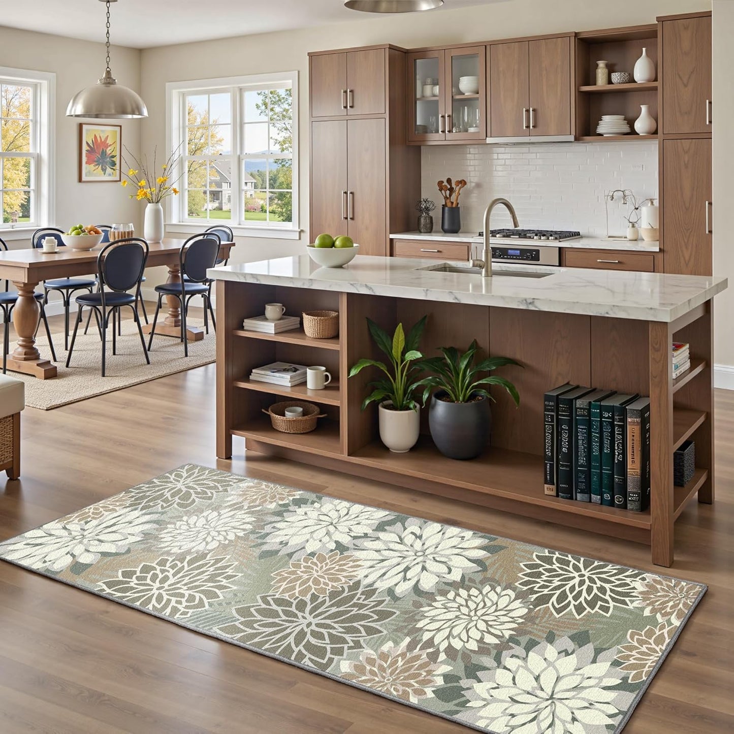 Area Rug 2x6 Brown White Washable Entry Rug Multicolored Tropical Botanical Modern Floral Indoor Kitchen Door Mat Entrance Carpet Non Slip for Bedroom Living Room, Porch