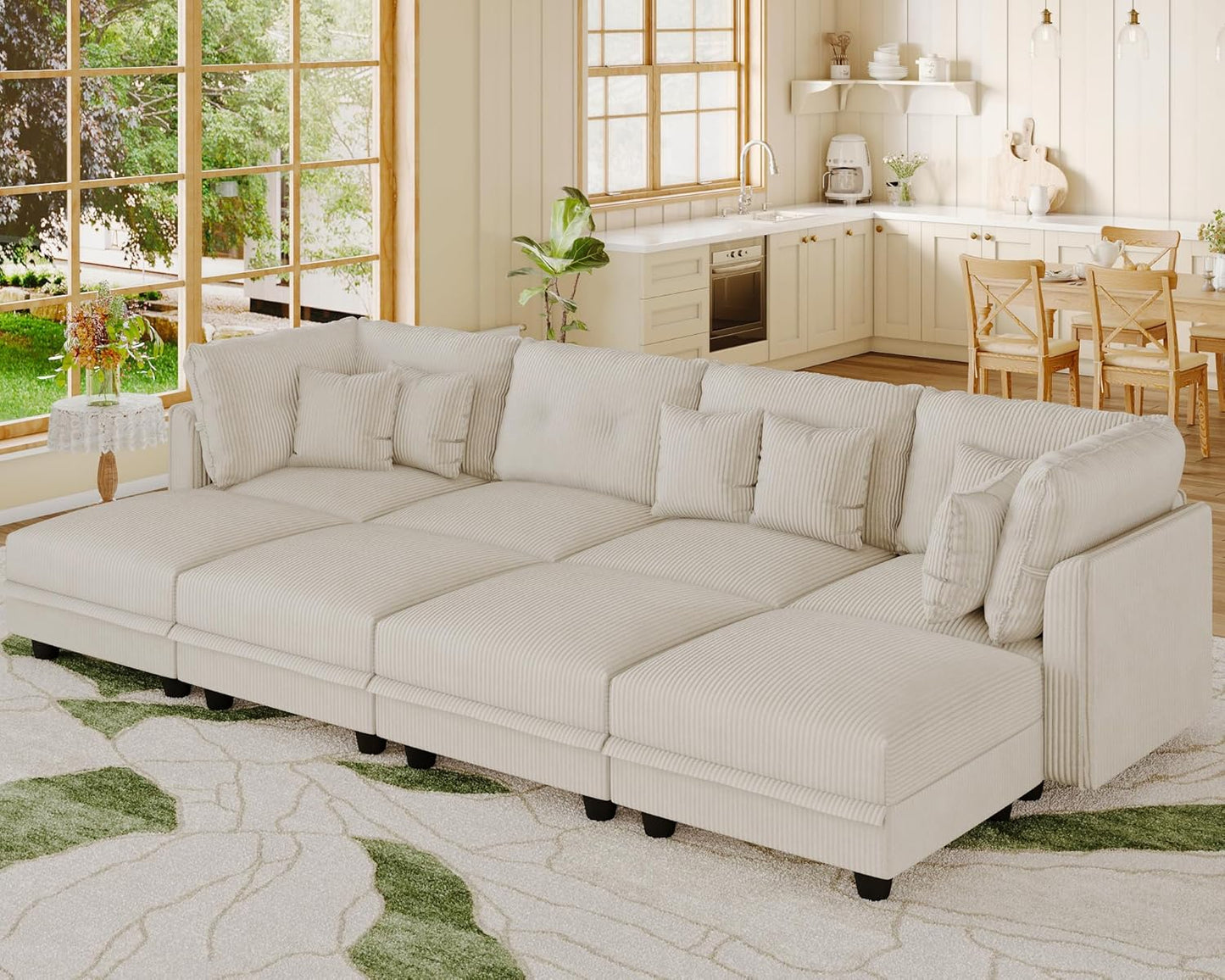 LLappuil Modular Sectional Sofa with Storage Seats, Corduroy Convertible Modular U Shaped Sectional Couch for Living Room, 8 Seat Oversized Sofa with 6 Back Cushion 6 Throw Pillow, Beige