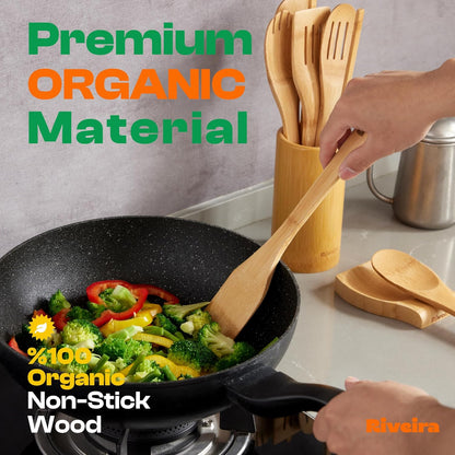 Riveira Bamboo Cooking Spoons 6-Piece – Wooden Cooking Utensils Set with Wooden Spoons for Cooking & Spatulas Wooden Utensil Sets – Premium Kitchen Utensils Set – Durable First Apartment Essentials
