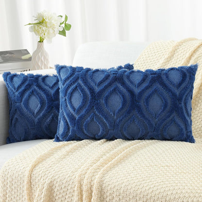 decorUhome Fall Throw Pillow Covers 12x20 Inch Set of 2, Soft Plush Decorative Faux Fur Dark Blue Solid Couch Pillow Covers, Accent Farmhouse Neutral Lumbar Euro Pillow Cases for Sofa Bed Living Room