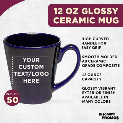 DISCOUNT PROMOS Custom Glossy Ceramic Latte Coffee Mug 12 oz. Set of 50, Personalized Bulk Pack - Perfect for Tea, Espresso, Cappuccino, Hot Cocoa - Blue