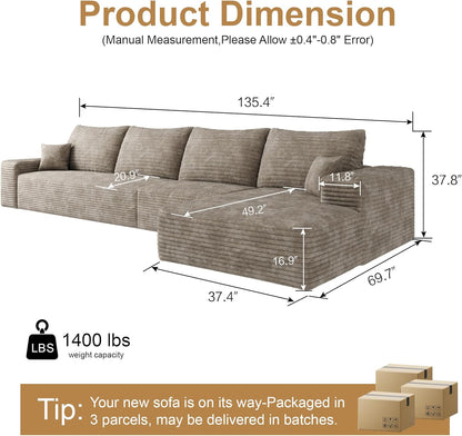 136" Sectional Couches for Living Room Modern Modular Sofa with L-Shape Couchs Upholstered Boneless Couch Deep Seat Sectional Couch with Chaise (Camel, Right Facing Chaise+3Seaters)