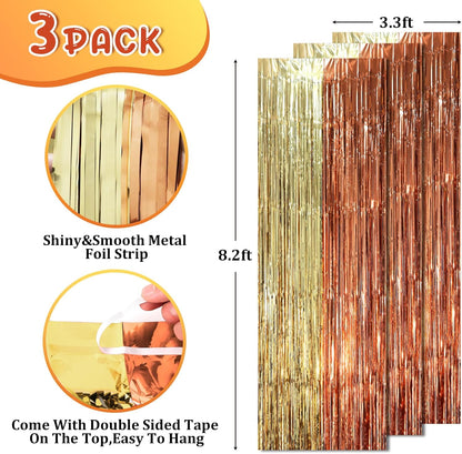 3 Pack 3.3 x 8.2 ft Rose and Champion Foil Fringe Backdrop Curtains, Tinsel Streamers Party Decorations, Fringe Backdrop, Door Shimmer for Anniversary or Birthday Party