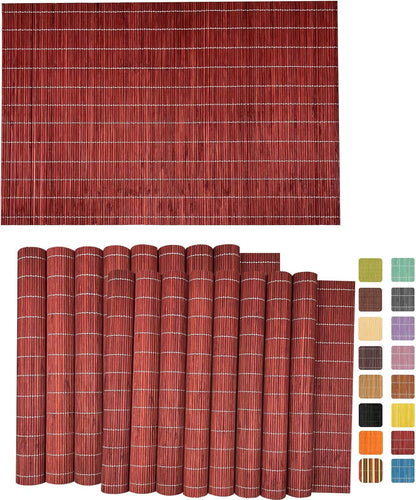 ANDSTAR Set of 24 Bamboo Placemats 17.7X11.8Inch Sushi Rolling Mat Japanese Style Bamboo Mat Natural Place Mats Washable Heat Resistant Table Mats for Dinner Dining Table Wedding Parties（Red）