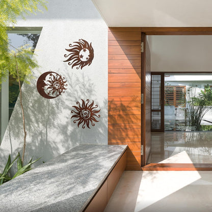 Limygus Sun Moon Wall Hanging, Wall Sculpture, Metal Wall Art Indoor/Outdoor Decor Rust Colored Rust Proof Wall Sculpture - Ideal for Bedrooms Gardens Homes Patios and Farmhouses Set of 3