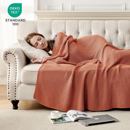 Joydeco Chunky Cable Knit Throw Blanket, Lightweight 100% Cotton Soft Cozy Throw Twin Blanket for Couch Bed and Sofa, Rustic Breathable Farmhouse Blanket Gift for Women Men(Burnt Orange, 51"x63")