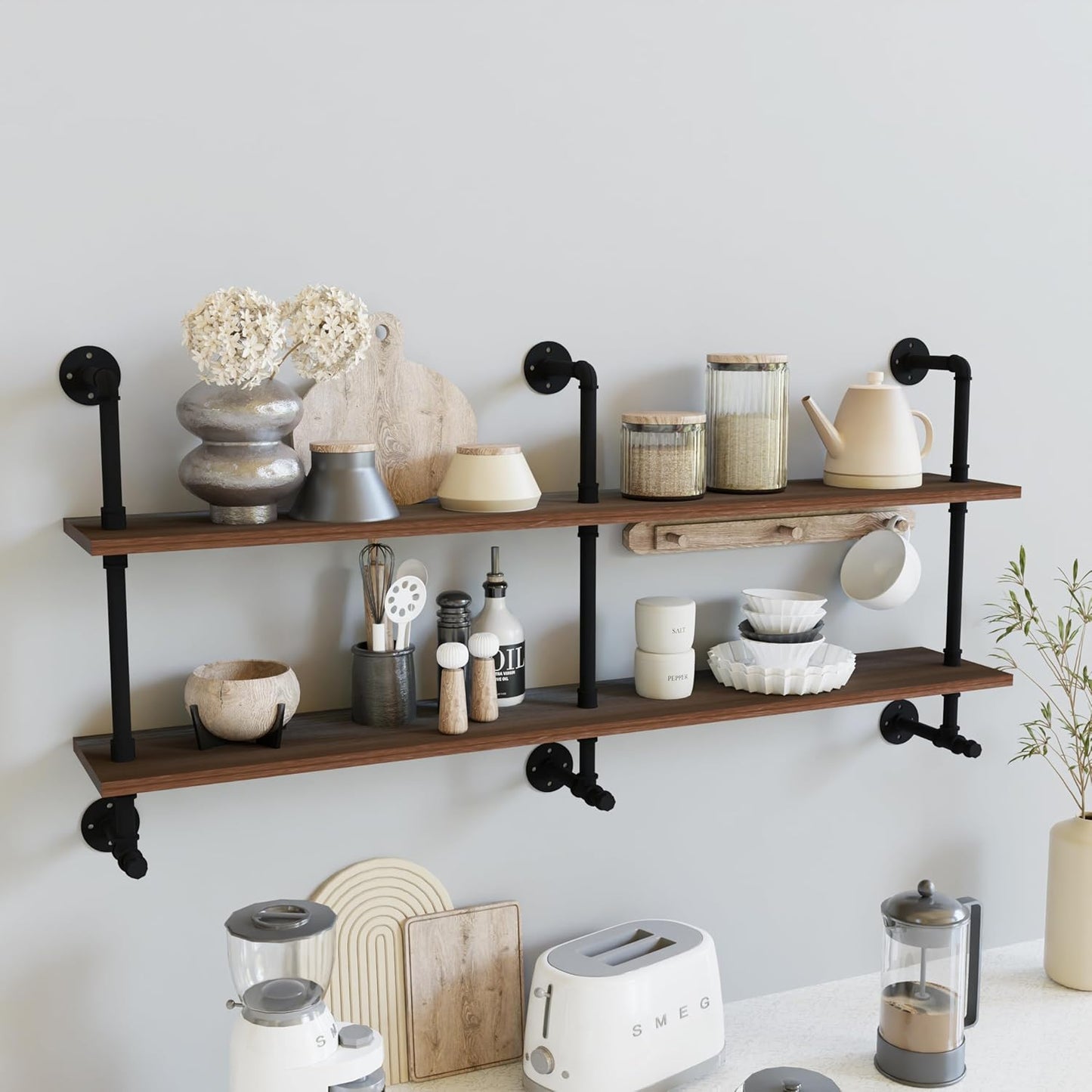 Industrial Pipe Wall Shelves Pipe Shelving with Real Wood Plank ,60 Inches Floating Shelves for Wall Farmhouse Pipe Book Shelves Dark Brown 2 Tier for Kitchen,Living Room Decor and Bar Shelving